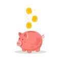 Piggy bank with falling coins. Save money concept. Investments in future. Financial symbol. Banking or business services Royalty Free Stock Photo