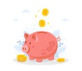 Piggy bank with falling coins. Save money concept. Investments in future. Financial symbol. Banking or business services Royalty Free Stock Photo