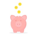 Piggy bank with falling coins. Vector icon. Save money