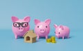 Piggy bank family with gold coins money in blue composition background ,saving money Concept, 3d illustration or 3d render Royalty Free Stock Photo