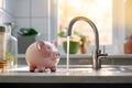 Piggy bank with faucet with dripping water. Water consumption price concept.