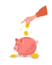 Piggy bank. Female hand puts gold coins in money box. Save money concept. Investments in future. Financial symbol