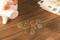 Piggy Bank and a few coins and Euro bills on the wooden table. Close up. The concept of saving money. Selective focus Royalty Free Stock Photo