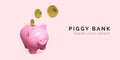 Piggy bank financial and business concept. Realistic pink pig with falling gold coin. Finance investment banner Royalty Free Stock Photo