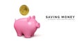 Piggy bank financial and business concept. Realistic pink pig with falling gold coin. Finance investment banner. Savings money Royalty Free Stock Photo