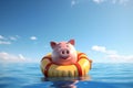 A piggy bank floating on a lifebuoy, symbolizing savings protection