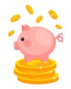 Piggy bank and flying gold coins dollars. Business and finance concept. Poster vector