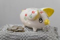 Piggy bank in the form of a painted pig. A handful of coins