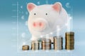 A piggy bank in the form of a pig, in front of it are stacks of coins. photo for financial and investment concept
