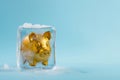 Piggy bank frozen in ice cube. Frozen savings, funds and assets, unavailable money. The concept of bankruptcy and capital freezing Royalty Free Stock Photo