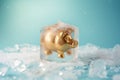 Piggy bank frozen in ice cube. Frozen savings, funds and assets, unavailable money. The concept of bankruptcy and capital freezing Royalty Free Stock Photo