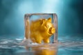 Piggy bank frozen in ice cube. Frozen savings, funds and assets, unavailable money. The concept of bankruptcy and capital freezing Royalty Free Stock Photo