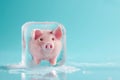 Piggy bank frozen in ice cube. Frozen savings, funds and assets, unavailable money. The concept of bankruptcy and capital freezing Royalty Free Stock Photo