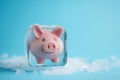 Piggy bank frozen in ice cube. Frozen savings, funds and assets, unavailable money. The concept of bankruptcy and capital freezing Royalty Free Stock Photo