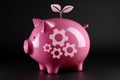 Piggy bank with gears inside and sprout, finance and financial, illustration. Generative AI