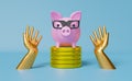 Piggy bank and glasses with hands and gold coins money in blue composition background ,Finance Investment Concept, 3d illustration Royalty Free Stock Photo
