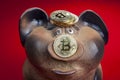 Piggy bank with gold coin bitcoin on pig piglet.