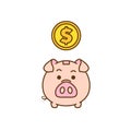 Piggy bank and gold coin. simple vector illustration in flat linework style Royalty Free Stock Photo