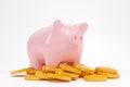 Piggy bank with gold coins on empty white background Royalty Free Stock Photo