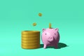 Piggy bank and Gold coins finance income business money success Goal. 3D Rendering. Royalty Free Stock Photo