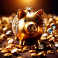 Piggy bank with gold and diamonds, signifying wealth, luxury, and successful smart investment