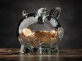 Piggy bank with golden coins. Financial investment, savings and family budget concept background