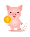 Piggy bank with golden dollar coin in hand, cute pig with money. Finance and business concept. Illustration vector Royalty Free Stock Photo