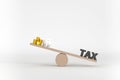 Piggy bank, Golden money and wooden cube block tax on seesaw for unbalance of earning or income and government tax deduction