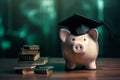 Piggy bank in a graduate cap near stack of coins. Savings for education. Higher education prices