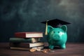 Piggy bank in a graduate cap near stack of coins. Savings for education. Higher education prices