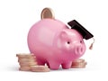 Piggy bank with a graduate hat and stack of gold coins. Education scholarship, tuition fee, investment in education. 3d