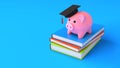 Piggy bank in a graduate's hat on the books. Concept of saving for education, expensive university. 3d render Royalty Free Stock Photo