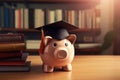 Piggy bank with graduation cap and coins. Royalty Free Stock Photo