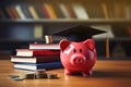 Piggy bank with graduation cap and coins. The concept of saving and accumulating money for study and education.