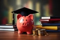 Piggy bank with graduation cap and coins. The concept of saving and accumulating money for study and education. Financial Royalty Free Stock Photo