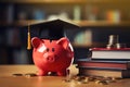 Piggy bank with graduation cap and coins. The concept of saving and accumulating money for study and education. Financial Royalty Free Stock Photo