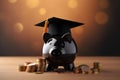 Piggy bank with graduation cap and coins on wooden table, closeup, Piggy Bank with Black Graduation Hat with coins, AI Generated
