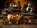 Piggy bank with graduation cap indoors