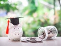 Piggy bank with graduation hat, Glass bottle and coins. The concept of saving money for education, student loan, scholarship, Royalty Free Stock Photo