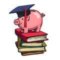 Piggy bank in graduation hat on stack of books Royalty Free Stock Photo