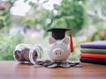 Piggy bank with graduation hat on stack of coins. The concept of saving money for education, student loan, scholarship, tuition Royalty Free Stock Photo