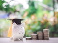 Piggy bank with graduation hat and stack of coins. The concept of saving money for education, student loan, scholarship, tuition Royalty Free Stock Photo