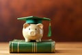 Piggy bank in green graduation hat on book on the table. Education in college and university Royalty Free Stock Photo