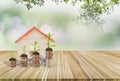 Piggy bank green,wooden table,tree growing on stack coins,house model,Background nature blurred,concept financial growth saving,