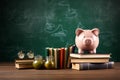 Piggy bank guards books, standing before a green chalkboard