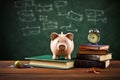 Piggy bank guards books, standing before a green chalkboard