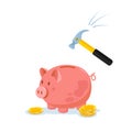 Piggy bank with hammer raised above it to smash. Spending money concept. Financial symbol. Banking or business services