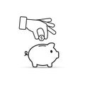 Piggy bank and hand with coin black outline icon. Vector Royalty Free Stock Photo
