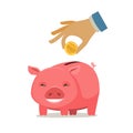 Piggy bank and hand with coin. Save money, banking, business concept. Cartoon vector illustration