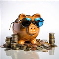 Piggy bank, Happy, smiling piggy, high school graduation cap on a pig\'s head, around a coin and bank notes 4, generative AI